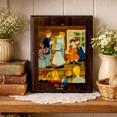 Whimsical VTG Folk Art Original Oil on Wood Wedding Painting Signed By Artist