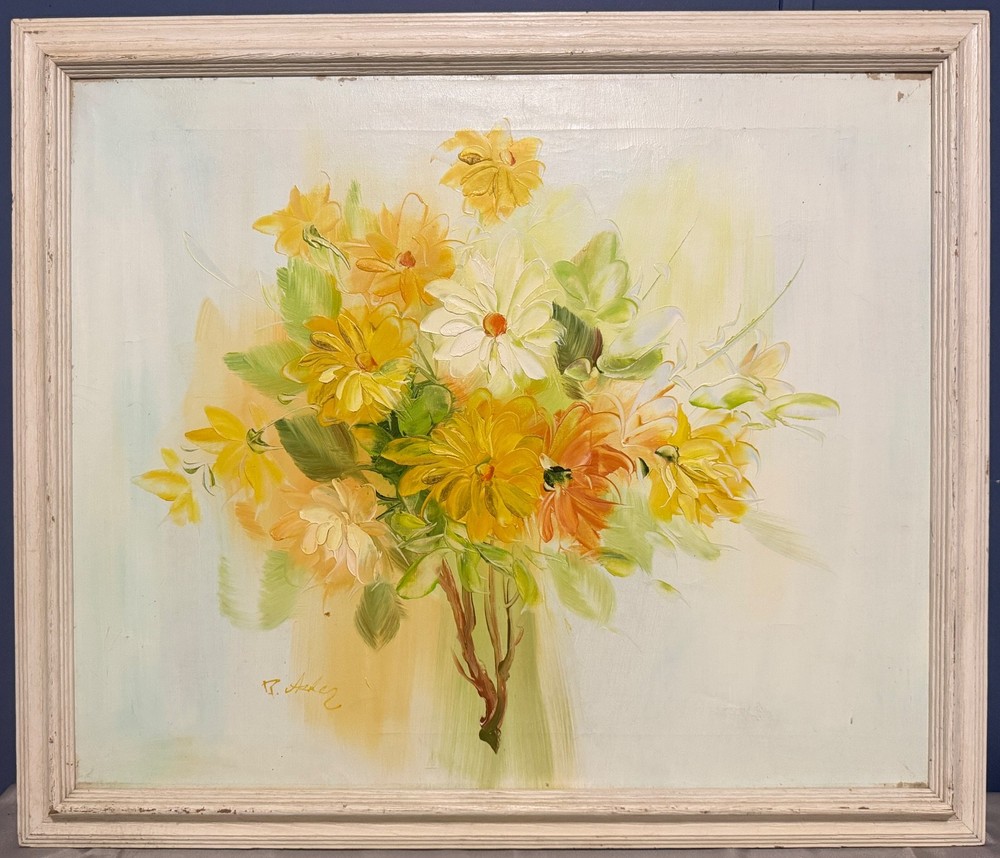 1980s B. Asher Reframed Trade Works Oil on Canvas of Gerbera Daisies in a Vase