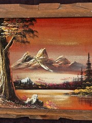VTG 70s Velvet Painting Mountain Trees Water Landscape Hand Carved Wood Frame