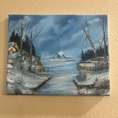 Painting of a winter scene with a frozen lake or river, snow covered banks and b