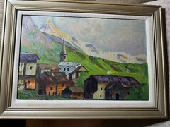 Glassiar 1949 „Mountain Landscape With Rural Homes“ Oil Painting – Signed/Framed