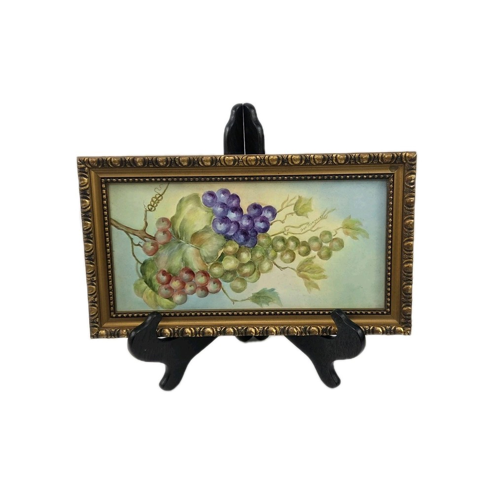 Vintage Original Still Life Oil Painting Grapes Tile Ornate Gold Frame Signed