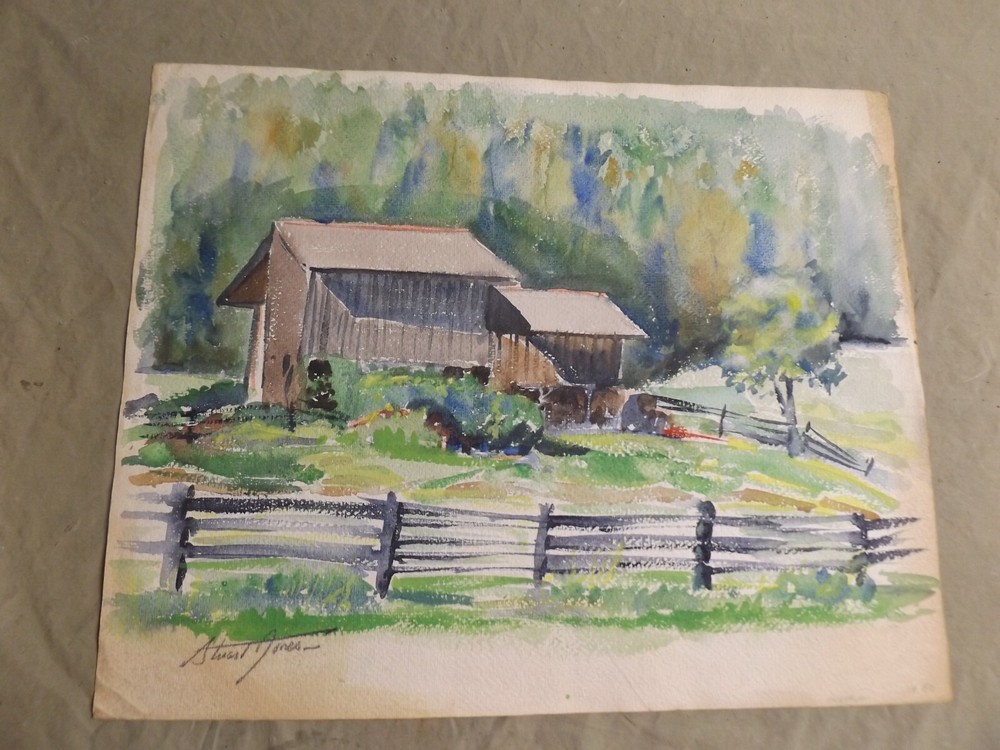 1950 Austria En Plein Air Watercolor Painting Barn w Home Above? by Stuart Jones
