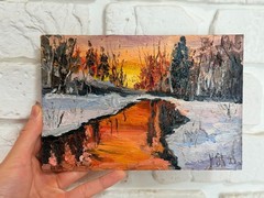 Original Oil Painting Winter Landscape Sunset Impressionism Art Signed 5.5×8 in