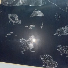 Vintage Peahens black & Silver scratch art Silver Framed Birds Chick Handmade