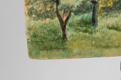 Antique New England Watercolor, Churchyard, H. Burroughs, Signed