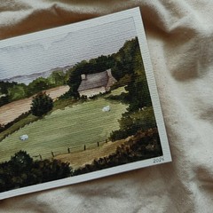Original Watercolor Landscape Painting Cottage Countryside Rural Farmhouse Art