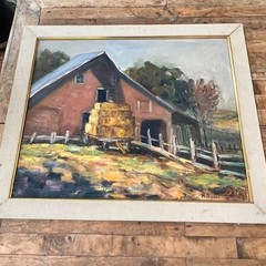 Oil Painting Barn House White Fence Hay Bales on Wagon 27.5 x 23.5″ M. Siemon