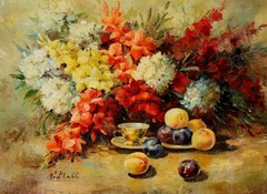 EVA MAKK Original oil painting Still Life with Flowers, Fruit and Cup
