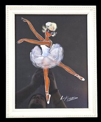 (x2) Luky Paris Vintage Black Velvet Dancers Original Paintings Pair Framed MCM
