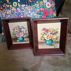 2 Vtg Mini Painting Signed MALY Impressionist Oil On Board Flower Wood Frame