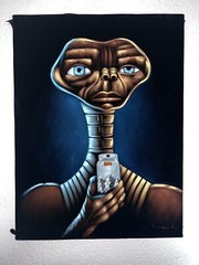 E.T. the Extra-Terrestrial Drinking Beer black velvet oil painting Signed Art