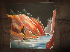 Original Watercolor Painting By Peg Humphreys, Abstract Tree Lined Cliffs 22″x22