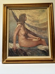 HOWARD SCHULER PAINTING NUDE WOMAN FEMALE MODEL MID CENTURY LISTED OIL ANTIQUE