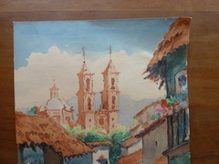Vintage Signed Santa Prisca Taxco Mexico Watercolor Signed MAGS 9 3/4″ X 12 1/2″