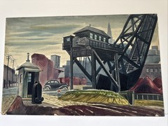 Antique Wpa Painting Cityscape American Street Car Urban Regionalism Industrial