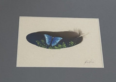 Matted and Signed Hand Painted Blue Butterfly with Leaves on Feather 2002 New!