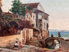 Pietro Gabrini Attributed Sorrento Harbor Italian Coast Antique Oil Painting