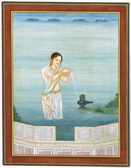 An Indian Lady Praying To Shivling, a Form Of God Shiva Painting 10×13.5 Inches