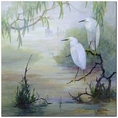 Snowy Egrets in Wetlands by Zittin Gallery-Wrap Canvas Giclee Art-14 in x 14 in