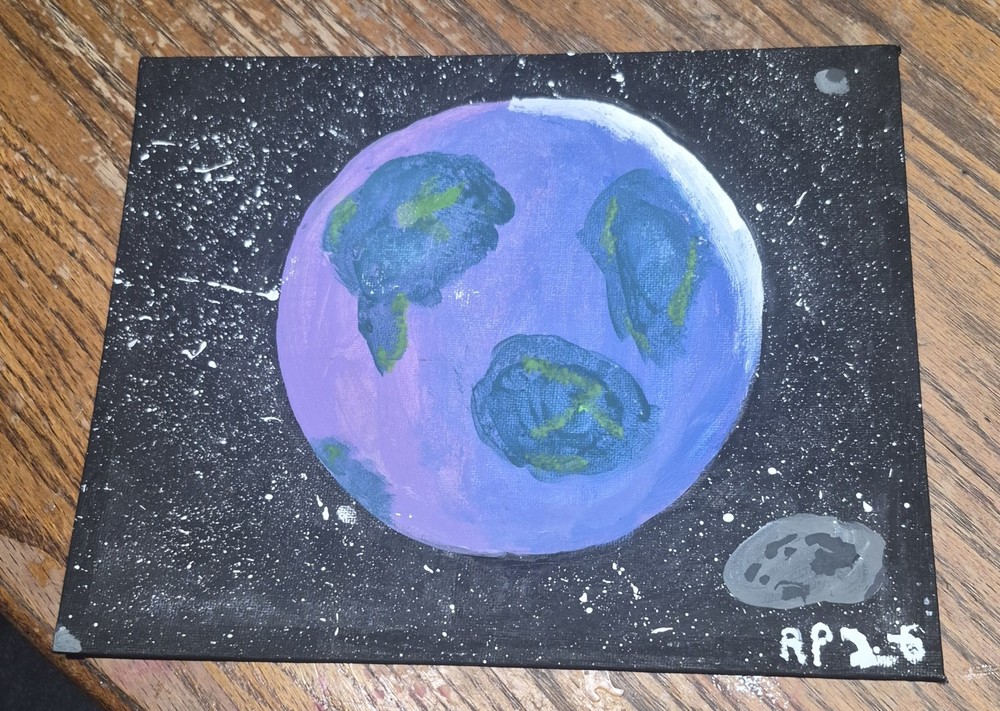 Signed Origninal Small Space Planet & Stars Illustration Painting, Unframed,
