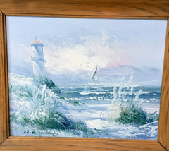 Vintage Seascape Oil Painting Signed Lighthouse Beach Waves Coastal Art