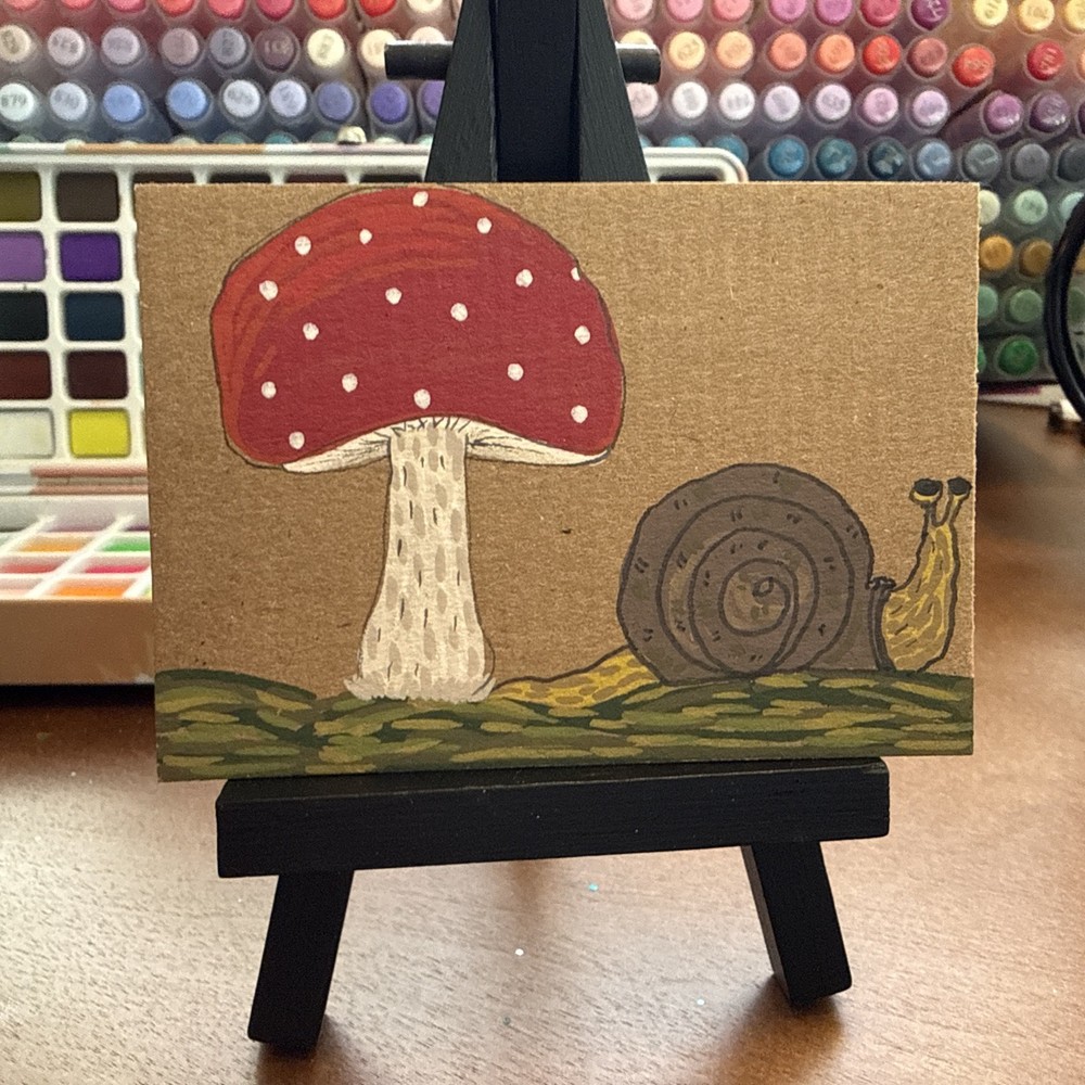 Original Watercolor ACEO – whimsical mushroom art recycle – OOAK Mini Nature