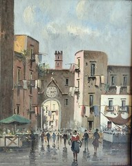 B. Ciappa, Place du village animée, Oil on Canvas, 20th Century