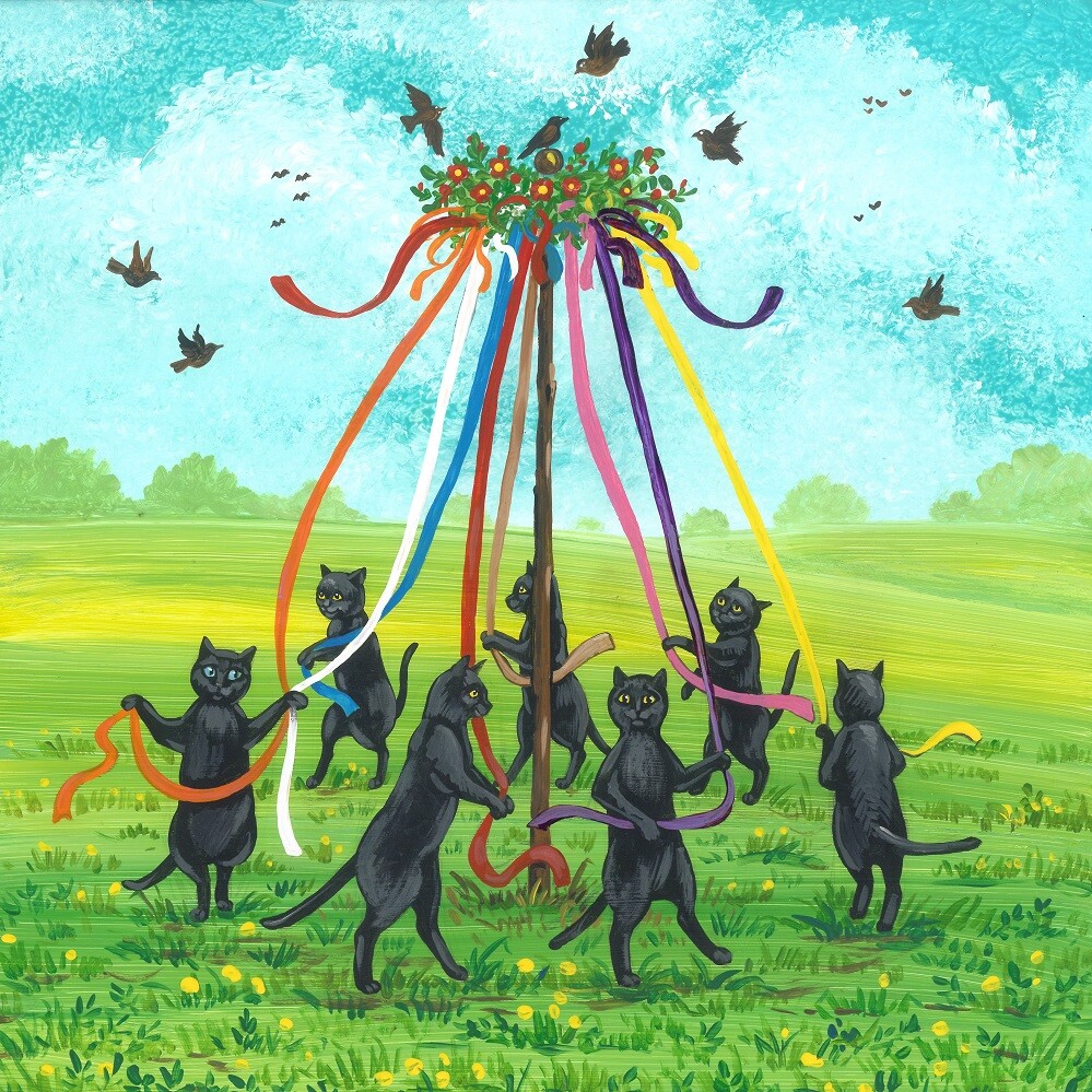 8×8 Print Of Painting Ryta Maypole Dance Black Cat Spring Celtic Pagan birds sun