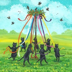 8×8 Print Of Painting Ryta Maypole Dance Black Cat Spring Celtic Pagan birds sun
