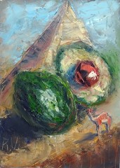 Avocado oil painting 100% handmade original surreal oasis Pyramid and Camel