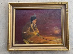 Trump, Oil on Canvas „Native american Tending Fire“, Signed Excellent