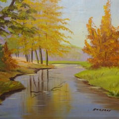 Vintage Original Landscape Oil Painting on Canvas Fall Woods with Stream Ankeroy
