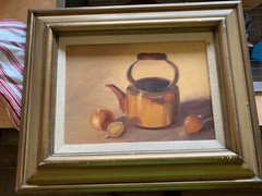 Original 10×14”,22×18 Frame Still Life Copper Tea Kettle W/Onions by Nell Peel