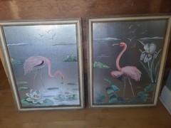 Vintage 1950s MCM Pair Flamingos Paintings On Silver Original 18×24 Frames