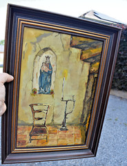 Flemish school oil cardboard painting devotional chair madonna interior 1954