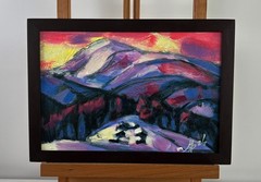 Acrylic Painting Pink Sunset Behind The Mountains M. Patskan Original nAAA4903
