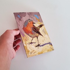 Robin Bird Painting Original Oil Art Semi Abstract Modern Colorful Small Artwork