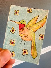 Original Watercolor ACEO – Hummingbird and Flowers