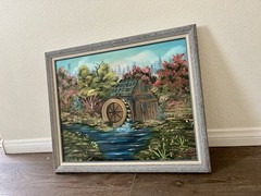Vintage Framed Landscape Painting With Water mill 19/23 Inches