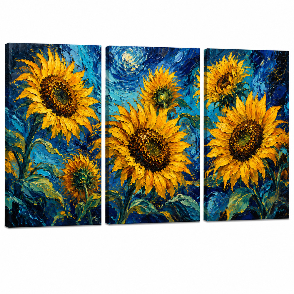 Sunflower Triptych Canvas Wall Art Blue Yellow Floral 3 Panel Print Farmhouse