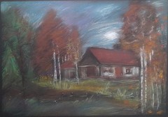 Original Autumn Forest Cabin Landscape Dry Pastel Painting 11.4×16.1 in
