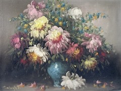 JUDITH BALOGH Floral STILL LIFE Chrysanthemums FLOWERS Vase Oil on Canvas 12×16