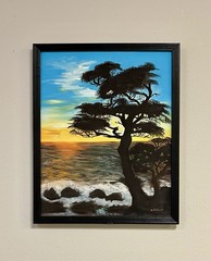 Vintage Original CALIFORNIA Coastal Cypress Tree Seascape SIGNED Pellicot FRAMED