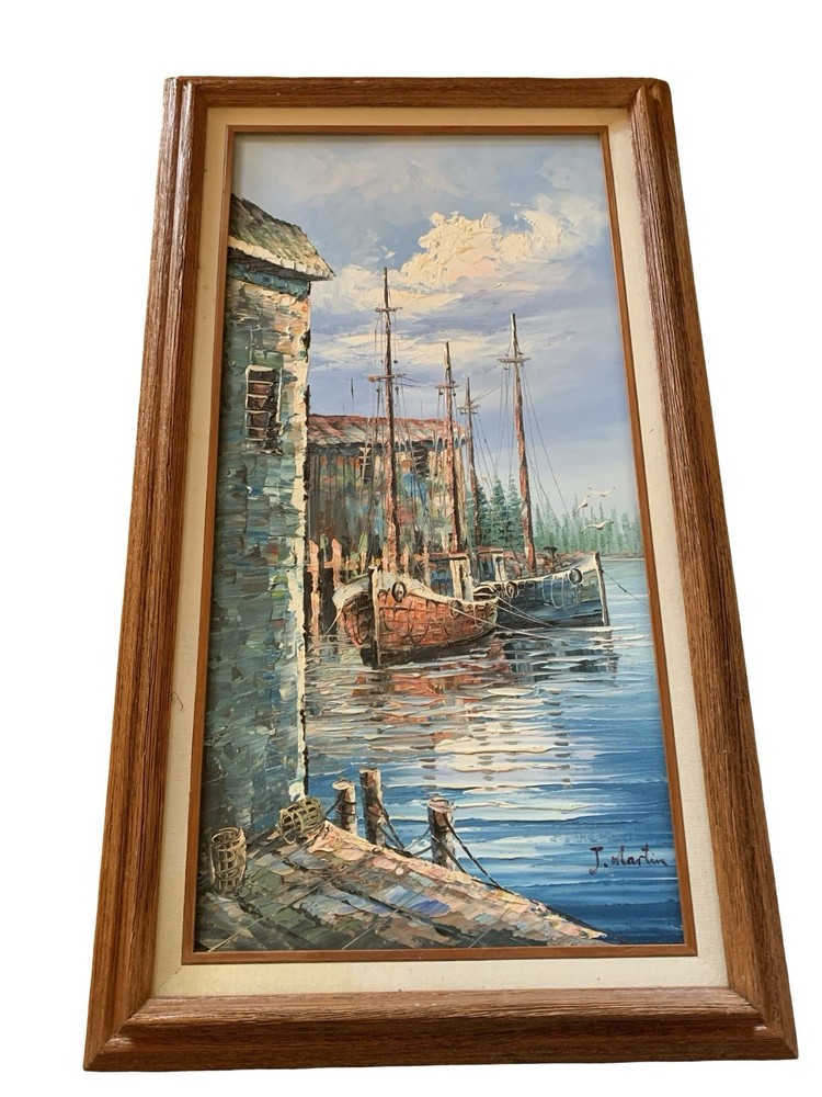 Signed Canvas Painting By J. Martin Featuring Sailboats In A Harbor Docked Pier