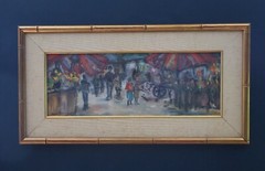Vintage Rubi Roth framed oil pastel watercolor painting market scene 16.5″x31″