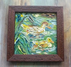 Original Oil Painting Duck Duckling Art Miniature Framed Art 4×4 in