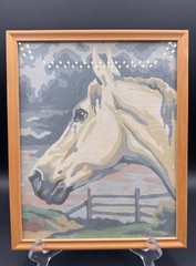 Vintage Horse Paint By Number Framed Wall Art Pastel Equestrian Western Folk Art