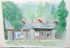 LARRY LEFFEW STONE FRONT VACATION HOME ORIGINAL WATERCOLOR LANDSCAPE PAINTING