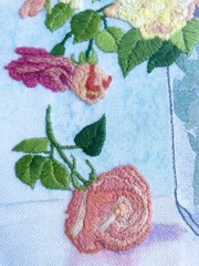 Hand-Embroidered Framed Wall Art W/ Pink Yellow Purple Rose Bouquet Vase 16”x19”